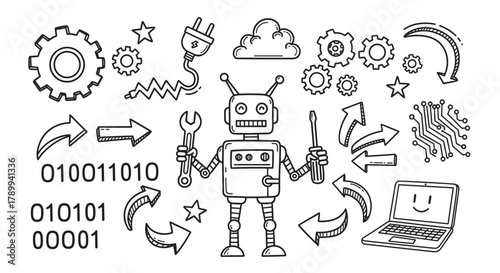 Collection of sketch icons for technology and automation concepts featuring a robot. Hand drawn elements including gears, binary code, and a circuit board for development
