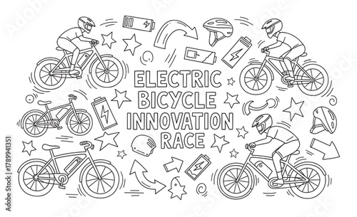 Electric bicycle innovation race concept in a hand drawn doodle style. Collection of cyclists, e-bikes, batteries and helmets for sustainable urban mobility design