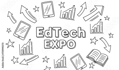 Edtech expo banner with hand drawn educational technology icons. Doodle style design with tablets, growth charts, and books for a digital learning conference or exhibition