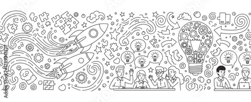 Creative team collaboration for business development and innovation. Seamless line art banner showing a startup meeting with rockets, puzzles, and a lightbulb idea symbol