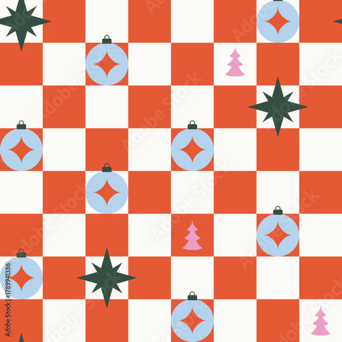 Check board Christmas seamless pattern. Red and white festive colors bold checkered wallpaper, gift wrap texture