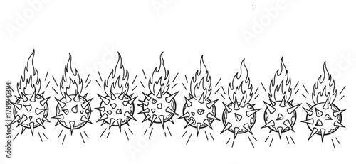 A continuous row of burning spiked spheres in a hand drawn line art style. Minimalist black and white design element representing danger, anger, or intense energy