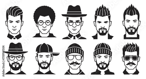 Collection of stylish male face icons with modern hairstyles and accessories. Hipster character avatars with beards mustaches and hats for user profile design elements
