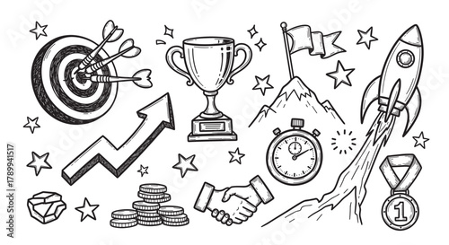 Hand drawn doodle set of business success icons for goal achievement concepts. Includes trophy, target, rocket launch, and growth arrow for startup and finance themes