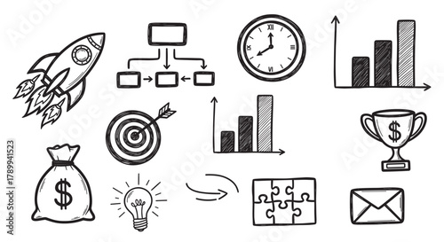 Hand drawn business doodle icon set for startup and success concepts. Includes rocket, chart, target, and money symbols for marketing presentations or creative infographics