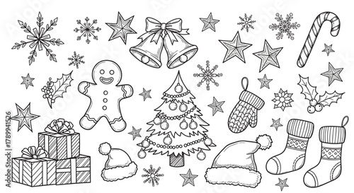 Hand drawn christmas doodle elements isolated on a white background. Festive holiday collection with a tree, gifts, and gingerbread man. Monochrome sketch icons for coloring