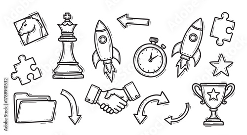Hand drawn doodle icon set for business strategy and project management. Sketch elements collection with rocket, chess, trophy and handshake for startup success concepts