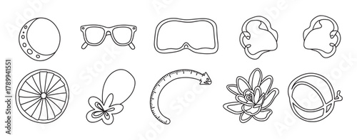 A diverse set of hand drawn icons in a minimalist outline style. Collection of various objects like a moon, sunglasses, flower and beach ball for creative graphic design