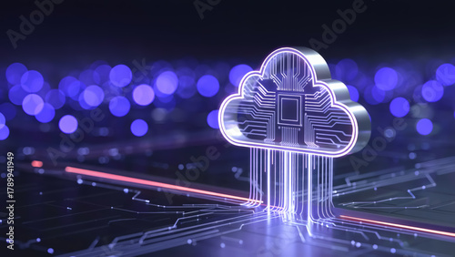 Dynamic cloud computing network glowing against abstract circuit board background for modern tech solutions