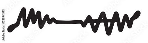 Abstract sound wave icon representing an audio signal or music frequency. Hand drawn black doodle or scribble line showing a pulse or vibration on a white background