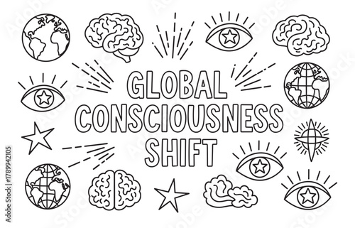 Global consciousness shift lettering with a collection of spiritual icons. Line art symbols of earth, brain, and eye represent a new age of awareness and collective intelligence