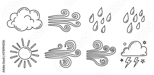 Weather forecast icon set in a hand drawn doodle style. Collection of meteorological symbols like sun, cloud, rain, wind, and thunderstorm for web or app design