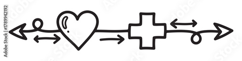 Hand drawn icon of a heart connecting to a medical cross symbol. Concept of love, charity and healthcare connection. Doodle element for donation, compassion and social responsibility