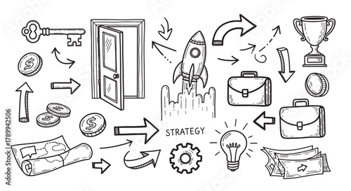 Hand drawn doodle set of business strategy and startup icons for success. Collection includes rocket launch, trophy, lightbulb idea and financial growth symbols