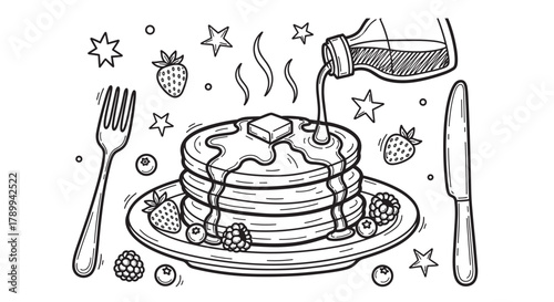 Hand drawn sketch of a delicious pancake breakfast with fresh berries and butter. Maple syrup pouring over a hot stack of flapjacks for a sweet and tasty morning meal