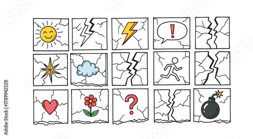 Set of cartoon sketch icons depicting positive and negative concepts in cracked panels. A visual metaphor for risk, choice, and problem solving in business or life