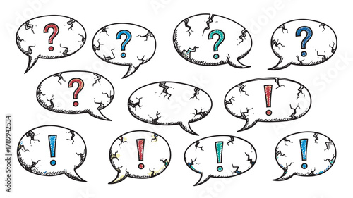 Hand drawn speech bubbles with question and exclamation marks. Cracked doodle icons representing stress, confusion and intense communication for problem solving concepts