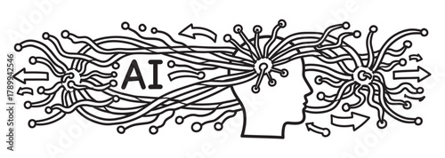 Artificial intelligence concept showing data flow into a human mind. Minimalist black and white banner with neural network pathways and information processing arrows