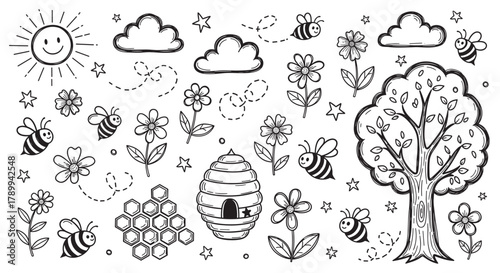 Hand drawn doodle set of cute bees and spring nature elements. Black and white line art collection with a beehive, honeycomb, flowers, tree, and sun for coloring pages