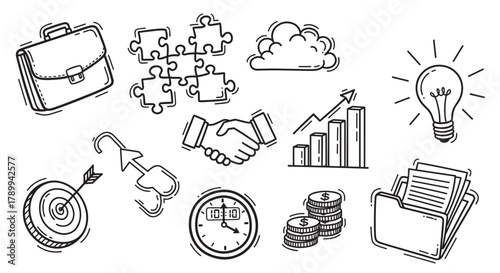 Hand drawn business doodle icon set for corporate presentations and marketing materials. Collection of sketch elements representing strategy, finance, and successful ideas