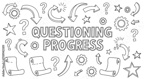 Conceptual doodle art about questioning progress and business strategy. Outline icons representing doubt, process, and direction for analysis and critical thinking