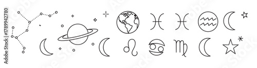 Astrology and astronomy icon set with zodiac signs and celestial elements. Minimalist line art collection of planets, stars, and horoscope symbols for spiritual design