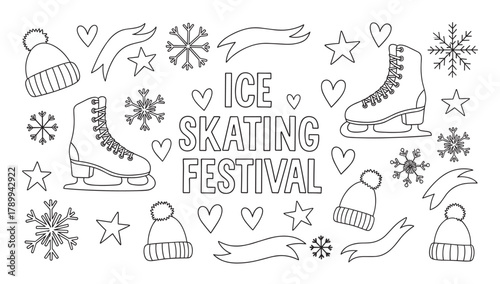 Ice skating festival lettering with a collection of winter sport elements. Hand drawn doodle set with skates, snowflakes, and hats for a seasonal event or holiday celebration