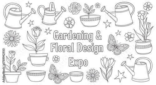 Hand drawn banner for a gardening and floral design expo with various elements. Outline collection of flowers, butterflies, and tools for a coloring page or event promotion