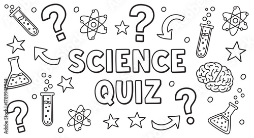 Science quiz lettering with doodle icons for education. Educational banner for a school competition or learning materials with hand drawn chemistry and biology elements