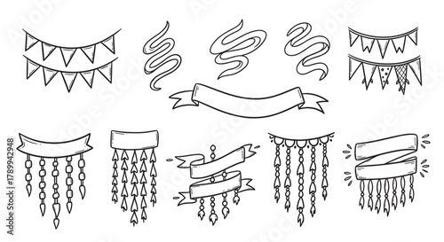 Collection of hand drawn doodle banners and ribbons for celebration design. Set of festive bunting flags and decorative hanging garlands in a sketch style for party invitations
