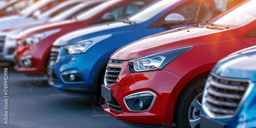 Row of colorful cars parked in a lot with sunlight glinting off their surfaces.