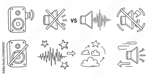 Hand drawn doodle icon set of sound and audio symbols. Speaker volume on and off mute signs for music or soundwave concepts. Creative sketch elements for sound therapy