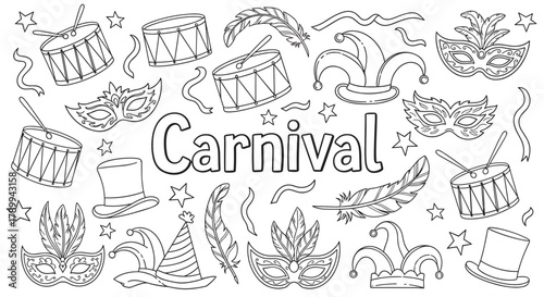 Carnival celebration elements in a hand drawn doodle style. Set of festive icons like masks, drums, and hats for a coloring page or mardi gras party invitation design