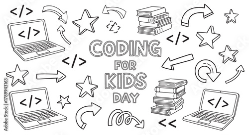 Hand drawn set for coding for kids day event promotion. Doodle collection of laptops programming symbols books and arrows. Black and white outline for educational materials