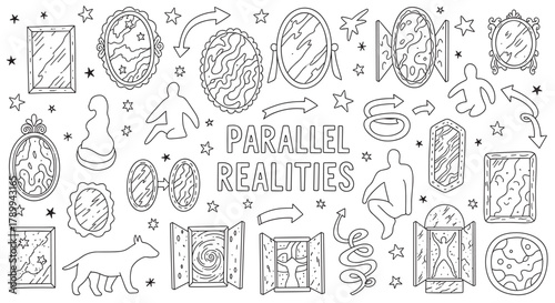 Doodle collection illustrating the concept of parallel realities and the multiverse. Abstract human silhouettes travel through portals and mirrors to alternate dimensions and space