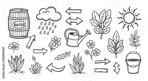 Doodle icon set of gardening tools and nature symbols for agriculture. Hand drawn outline collection with watering can, plants, flowers, sun and rain for ecological concepts