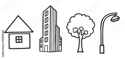 Hand drawn set of city life icons in a simple doodle style. Collection includes a house, skyscraper, tree, and street lamp for urban design or real estate concepts
