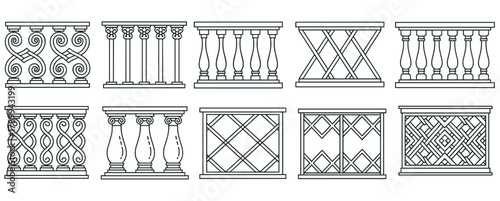 Collection of balcony railing and balustrade designs in a simple outline style. Set of classic and modern fence elements for architecture or interior design projects