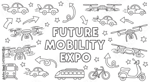 Doodle set of future mobility and transportation icons for an expo concept. Includes flying cars, delivery drones, electric trains, and personal vehicles like scooters and bikes