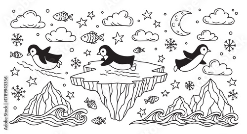 Cute penguin doodle collection with arctic elements like icebergs and fish. Hand drawn line art set for children's coloring books or winter themed designs