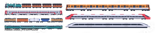Set of different modern and retro trains. Locomotives with passenger and cargo carriages. Trail wagons with engine. Railway, railroad transport side view. Flat isolated vector illustrations on white