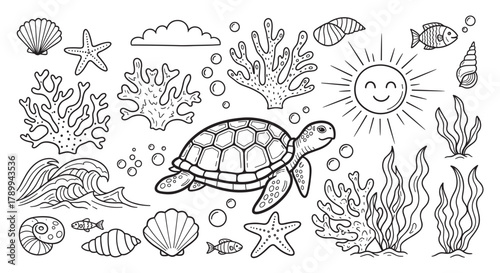 Collection of hand drawn sea life doodles for coloring pages. Cute turtle, fish, coral, and seashell elements for children's activities or summer themed designs