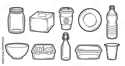 Set of reusable and disposable food containers in a hand drawn outline style. Icon collection of kitchen storage, packaging, and tableware for eco friendly design concepts