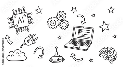 Artificial intelligence doodle set with technology icons. Hand drawn collection of a robot, laptop, brain, and ai chip for machine learning and innovation concepts