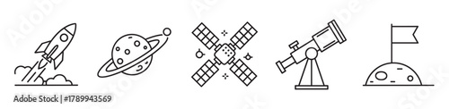 Space exploration and astronomy icon set. Minimal line art collection with rocket, planet, satellite, telescope, and moon flag for science and technology projects