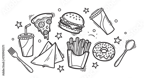 Doodle collection of fast food icons including pizza, burger, and french fries. Hand drawn black and white line art elements for restaurant menus or unhealthy eating concepts