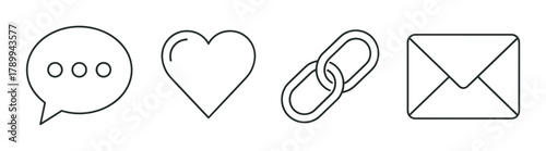 Social media interface icons for user engagement. Minimalist outline collection includes comment, like, link, and message symbols for web and app design
