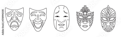 Collection of theatrical and cultural masks in a minimal line art style. Set includes comedy and tragedy symbols, japanese noh, venetian carnival, and tribal designs for performance concepts