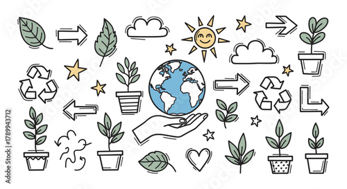 Set of ecology and environment doodle icons for sustainable living concepts. Hand drawn elements include planet earth, recycle symbol, green leaves and potted plants