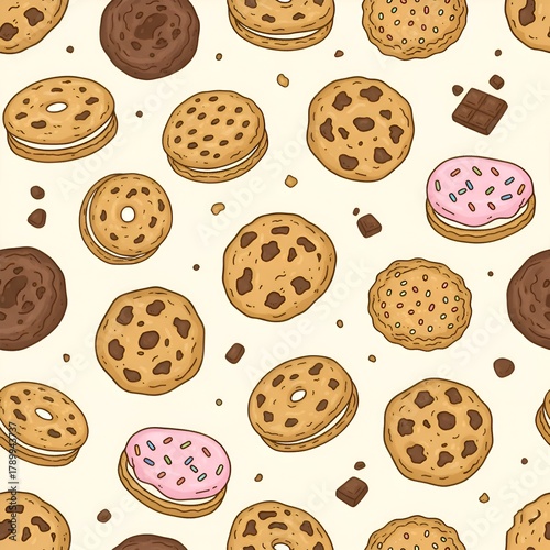 Sweet Dessert Seamless Pattern with Hand-Drawn Chocolate Chip Cookies and Sandwich Biscuits